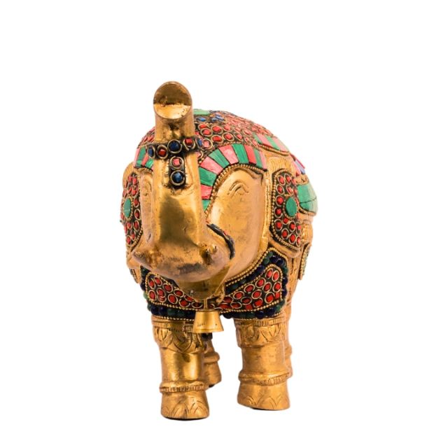 Brass Multicolor Elephant Standing Trunk Up Bell in Neck Statue Decorative Showpiece