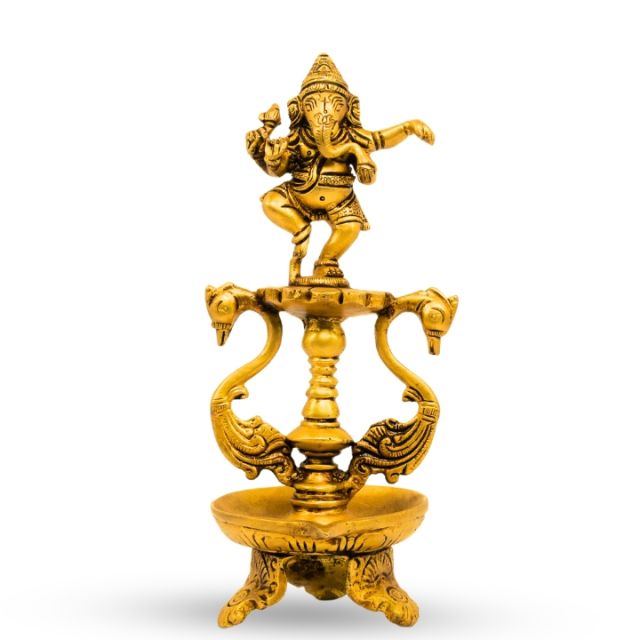 Brass Dancing Ganesha with 2 Swans Oil Diya for Home Decor