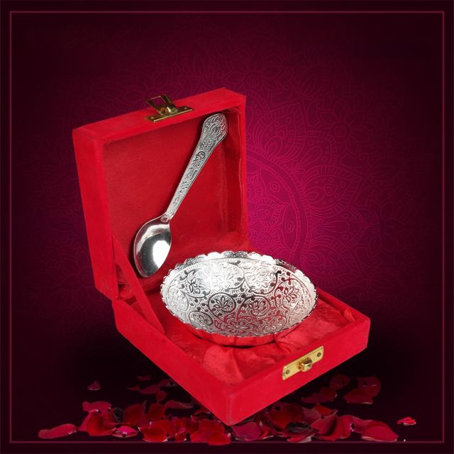 German Silver Bowl and Spoon Set in Velvet Box Set of 10