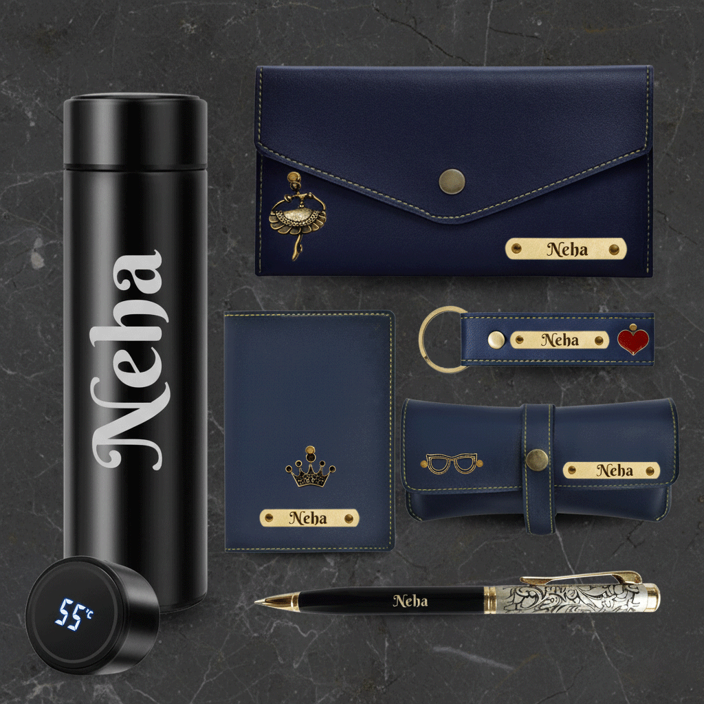 Stylish Blue Leather Gift Set for Women with Wallet and Passport Holder